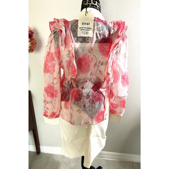 Viral Sheer Floral Bow Top & Skirt Set Medium Organza Pearl Cuffs NWT - Picture 4 of 4
